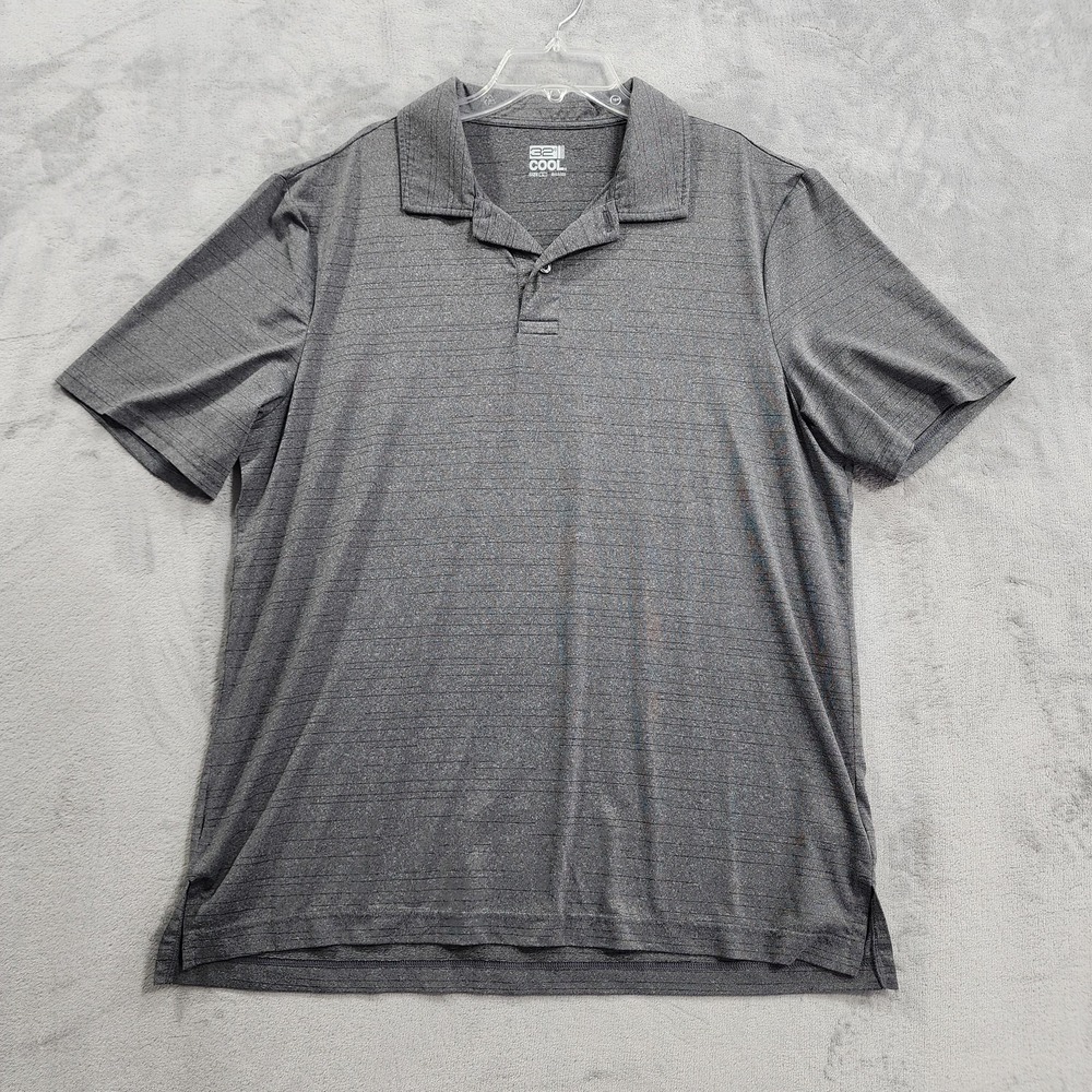32 Degrees Cool Polo Shirt Mens L Gray Striped Performance Stretch Golf Casual